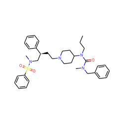 CCCN(C(=O)N(C)Cc1ccccc1)C1CCN(CC[C@@H](CN(C)S(=O)(=O)c2ccccc2)c2ccccc2)CC1 ZINC000026497183