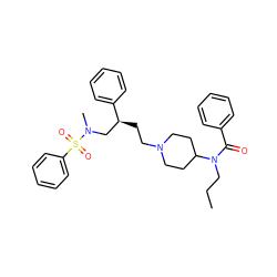 CCCN(C(=O)c1ccccc1)C1CCN(CC[C@@H](CN(C)S(=O)(=O)c2ccccc2)c2ccccc2)CC1 ZINC000026501818