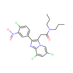 CCCN(CCC)C(=O)Cc1c(-c2ccc(Cl)c([N+](=O)[O-])c2)nc2c(Cl)cc(Cl)cn12 ZINC000045484100