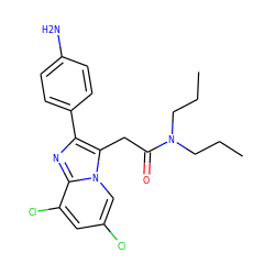 CCCN(CCC)C(=O)Cc1c(-c2ccc(N)cc2)nc2c(Cl)cc(Cl)cn12 ZINC000040420645