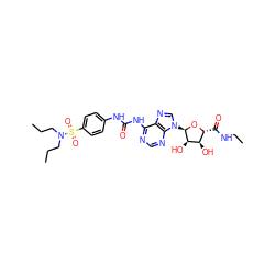 CCCN(CCC)S(=O)(=O)c1ccc(NC(=O)Nc2ncnc3c2ncn3[C@H]2O[C@H](C(=O)NCC)[C@@H](O)[C@H]2O)cc1 ZINC000049774358