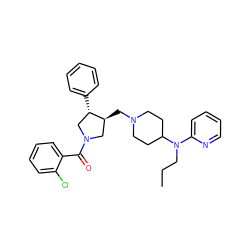 CCCN(c1ccccn1)C1CCN(C[C@H]2CN(C(=O)c3ccccc3Cl)C[C@@H]2c2ccccc2)CC1 ZINC000013487337