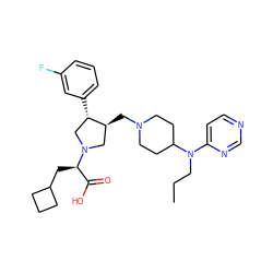 CCCN(c1ccncn1)C1CCN(C[C@H]2CN([C@H](CC3CCC3)C(=O)O)C[C@@H]2c2cccc(F)c2)CC1 ZINC000027433019