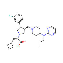 CCCN(c1ncccn1)C1CCN(C[C@H]2CN([C@H](CC3CCC3)C(=O)O)C[C@@H]2c2cccc(F)c2)CC1 ZINC000053255776