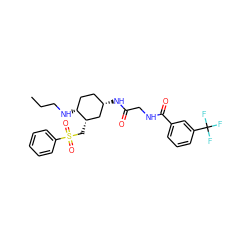 CCCN[C@@H]1CC[C@H](NC(=O)CNC(=O)c2cccc(C(F)(F)F)c2)C[C@@H]1CS(=O)(=O)c1ccccc1 ZINC000082156993