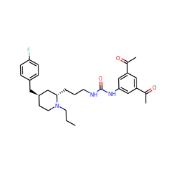 CCCN1CC[C@@H](Cc2ccc(F)cc2)C[C@@H]1CCCNC(=O)Nc1cc(C(C)=O)cc(C(C)=O)c1 ZINC000003976516