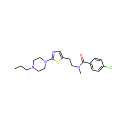 CCCN1CCN(c2ncc(CCN(C)C(=O)c3ccc(Cl)cc3)s2)CC1 ZINC000098084369