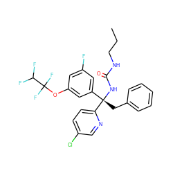 CCCNC(=O)N[C@@](Cc1ccccc1)(c1cc(F)cc(OC(F)(F)C(F)F)c1)c1ccc(Cl)cn1 ZINC000095580014