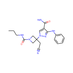 CCCNC(=O)N1CC(CC#N)(n2cc(C(N)=O)c(Nc3ccccc3)n2)C1 ZINC000221000411