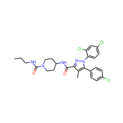 CCCNC(=O)N1CCC(NC(=O)c2nn(-c3ccc(Cl)cc3Cl)c(-c3ccc(Cl)cc3)c2C)CC1 ZINC000084669991