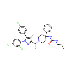 CCCNC(=O)NC1(c2ccccc2)CCN(C(=O)c2nn(-c3ccc(Cl)cc3Cl)c(-c3ccc(Cl)cc3)c2C)CC1 ZINC000084652898