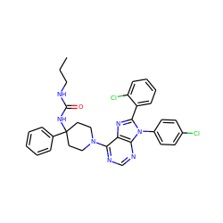 CCCNC(=O)NC1(c2ccccc2)CCN(c2ncnc3c2nc(-c2ccccc2Cl)n3-c2ccc(Cl)cc2)CC1 ZINC000095579734