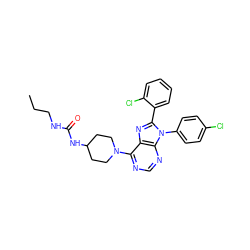 CCCNC(=O)NC1CCN(c2ncnc3c2nc(-c2ccccc2Cl)n3-c2ccc(Cl)cc2)CC1 ZINC000095574542