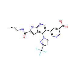 CCCNC(=O)c1cc2c(-n3ccc(C(F)(F)F)n3)c(-c3cncc(C(=O)O)c3)cnc2[nH]1 ZINC000084705061