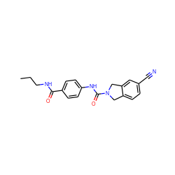 CCCNC(=O)c1ccc(NC(=O)N2Cc3ccc(C#N)cc3C2)cc1 ZINC000166684176