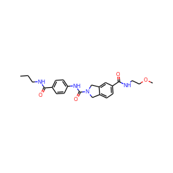 CCCNC(=O)c1ccc(NC(=O)N2Cc3ccc(C(=O)NCCOC)cc3C2)cc1 ZINC000218672822