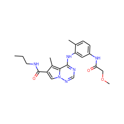 CCCNC(=O)c1cn2ncnc(Nc3cc(NC(=O)COC)ccc3C)c2c1C ZINC000014974279