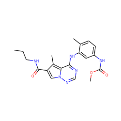 CCCNC(=O)c1cn2ncnc(Nc3cc(NC(=O)OC)ccc3C)c2c1C ZINC000014974267