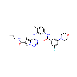 CCCNC(=O)c1cn2ncnc(Nc3cc(NC(=O)c4cc(F)cc(N5CCOCC5)c4)ccc3C)c2c1C ZINC000029048547