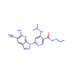 CCCNC(=O)c1cnc(-n2ncc3cc(C#N)c(N)nc32)cc1NC(C)C ZINC001772600932