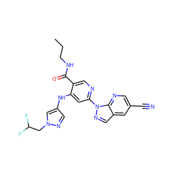 CCCNC(=O)c1cnc(-n2ncc3cc(C#N)cnc32)cc1Nc1cnn(CC(F)F)c1 ZINC001772617746