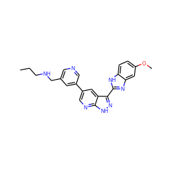 CCCNCc1cncc(-c2cnc3[nH]nc(-c4nc5cc(OC)ccc5[nH]4)c3c2)c1 ZINC000072178435