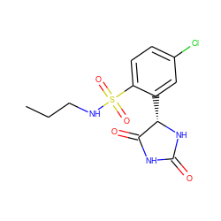 CCCNS(=O)(=O)c1ccc(Cl)cc1[C@@H]1NC(=O)NC1=O ZINC000028225670