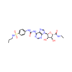 CCCNS(=O)(=O)c1ccc(NC(=O)Nc2ncnc3c2ncn3[C@H]2O[C@H](C(=O)NCC)[C@@H](O)[C@H]2O)cc1 ZINC000049785958