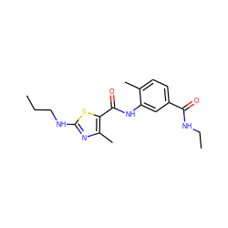 CCCNc1nc(C)c(C(=O)Nc2cc(C(=O)NCC)ccc2C)s1 ZINC000029041480