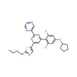 CCCNc1ncc(-c2cc(-c3c(Cl)cc(OC4CCCC4)cc3Cl)nc(-c3cnccn3)n2)s1 ZINC000084690800