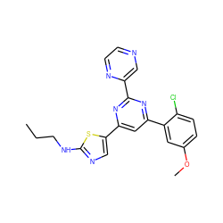 CCCNc1ncc(-c2cc(-c3cc(OC)ccc3Cl)nc(-c3cnccn3)n2)s1 ZINC000084690803