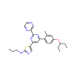 CCCNc1ncc(-c2cc(-c3ccc(OC(CC)CC)cc3C)nc(-c3cnccn3)n2)s1 ZINC000084690802