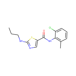 CCCNc1ncc(C(=O)Nc2c(C)cccc2Cl)s1 ZINC000029041372