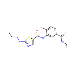 CCCNc1ncc(C(=O)Nc2cc(C(=O)NCC)ccc2C)s1 ZINC000029041409