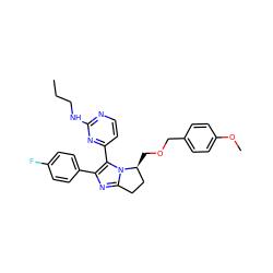 CCCNc1nccc(-c2c(-c3ccc(F)cc3)nc3n2[C@@H](COCc2ccc(OC)cc2)CC3)n1 ZINC000028528539