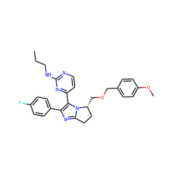 CCCNc1nccc(-c2c(-c3ccc(F)cc3)nc3n2[C@H](COCc2ccc(OC)cc2)CC3)n1 ZINC000013985862