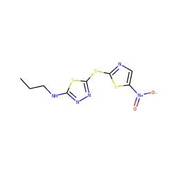 CCCNc1nnc(Sc2ncc([N+](=O)[O-])s2)s1 ZINC000045388496