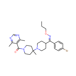 CCCO/N=C(/c1ccc(Br)cc1)C1CCN(C2(C)CCN(C(=O)c3c(C)ncnc3C)CC2)CC1 ZINC000027522040