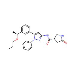 CCCO[C@@H](C)c1cccc(-c2cc(NC(=O)[C@@H]3CNC(=O)C3)nn2-c2ccccc2)c1 ZINC000169707318