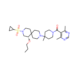 CCCO[C@@H]1CN(S(=O)(=O)C2CC2)CCC12CCN(C1(C)CCN(C(=O)c3c(C)ncnc3C)CC1)CC2 ZINC000044388402