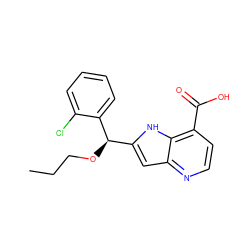 CCCO[C@H](c1cc2nccc(C(=O)O)c2[nH]1)c1ccccc1Cl ZINC001772656030