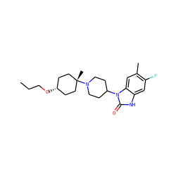 CCCO[C@H]1CC[C@@](C)(N2CCC(n3c(=O)[nH]c4cc(F)c(C)cc43)CC2)CC1 ZINC000114192727