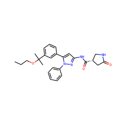 CCCOC(C)(C)c1cccc(-c2cc(NC(=O)[C@@H]3CNC(=O)C3)nn2-c2ccccc2)c1 ZINC000169707246