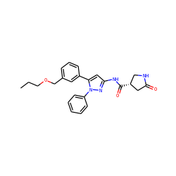 CCCOCc1cccc(-c2cc(NC(=O)[C@@H]3CNC(=O)C3)nn2-c2ccccc2)c1 ZINC000169707213