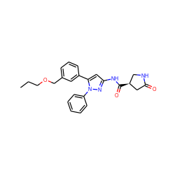 CCCOCc1cccc(-c2cc(NC(=O)[C@H]3CNC(=O)C3)nn2-c2ccccc2)c1 ZINC000169707225