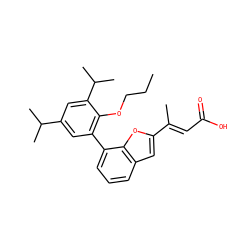 CCCOc1c(-c2cccc3cc(/C(C)=C/C(=O)O)oc23)cc(C(C)C)cc1C(C)C ZINC000029345012