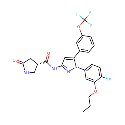 CCCOc1cc(-n2nc(NC(=O)[C@@H]3CNC(=O)C3)cc2-c2cccc(OC(F)(F)F)c2)ccc1F ZINC000169707340