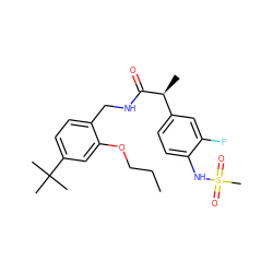 CCCOc1cc(C(C)(C)C)ccc1CNC(=O)[C@@H](C)c1ccc(NS(C)(=O)=O)c(F)c1 ZINC001772586181