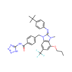 CCCOc1cc(C(F)(F)F)cc2c1n(C)/c(=N/c1ccc(C(C)(C)C)cc1)n2Cc1ccc(C(=O)Nc2nnn[nH]2)cc1 ZINC000101455575