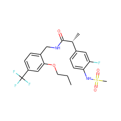 CCCOc1cc(C(F)(F)F)ccc1CNC(=O)[C@H](C)c1ccc(NS(C)(=O)=O)c(F)c1 ZINC000473161042